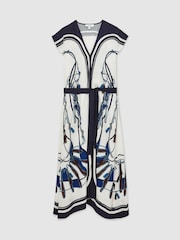 Reiss Blue/Brown Gemma Scarf-Print V-Neck Belted Midi Dress - Image 2 of 6