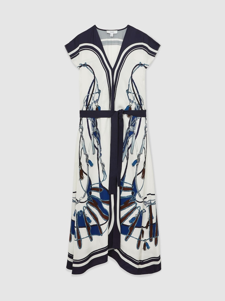 Reiss Blue/Brown Gemma Scarf-Print V-Neck Belted Midi Dress - Image 2 of 6