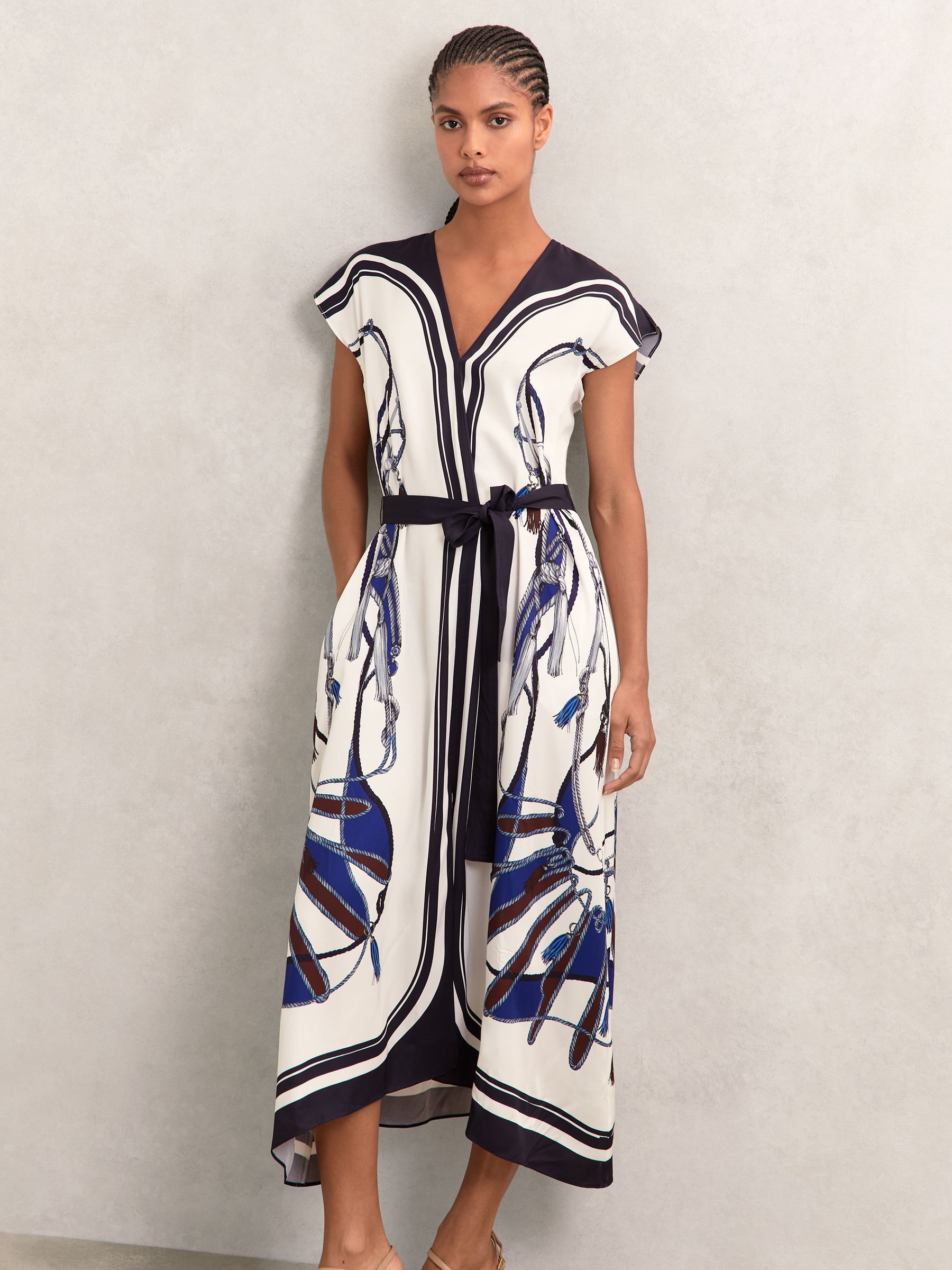 Buy Reiss Blue/Brown Gemma Scarf-Print V-Neck Belted Midi Dress