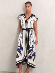 Reiss Blue/Brown Gemma Scarf-Print V-Neck Belted Midi Dress - Image 3 of 6