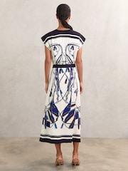 Reiss Blue/Brown Gemma Scarf-Print V-Neck Belted Midi Dress - Image 5 of 6