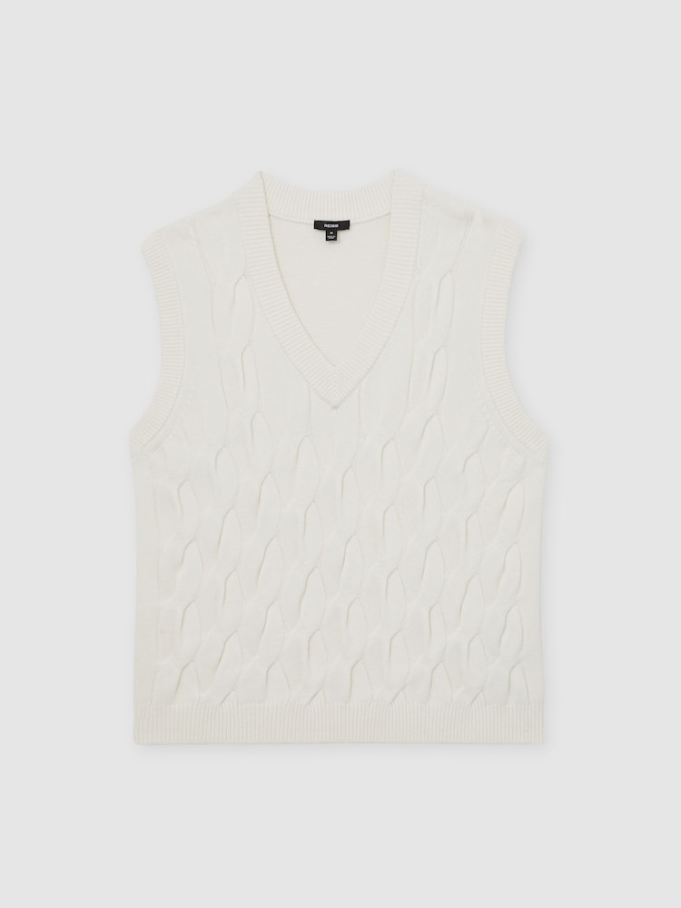 Reiss Winter White Walton Cable-Knit V-Neck Vest with Wool - Image 2 of 5 Reiss Winter White Walton Cable-Knit V-Neck Vest with Wool - Image 2 of 5