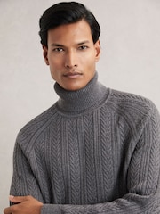 Reiss Mid Grey Melange Dartford Cable-Knit Roll-Neck Jumper With Wool - Image 1 of 6