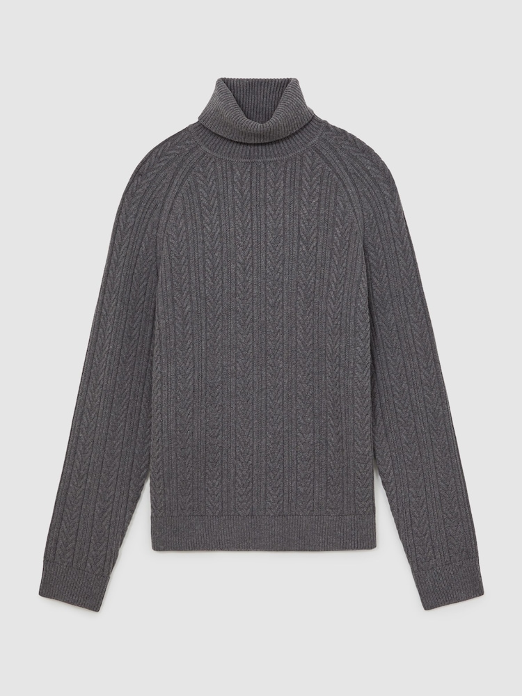 Reiss Mid Grey Melange Dartford Cable-Knit Roll-Neck Jumper With Wool - Image 2 of 6