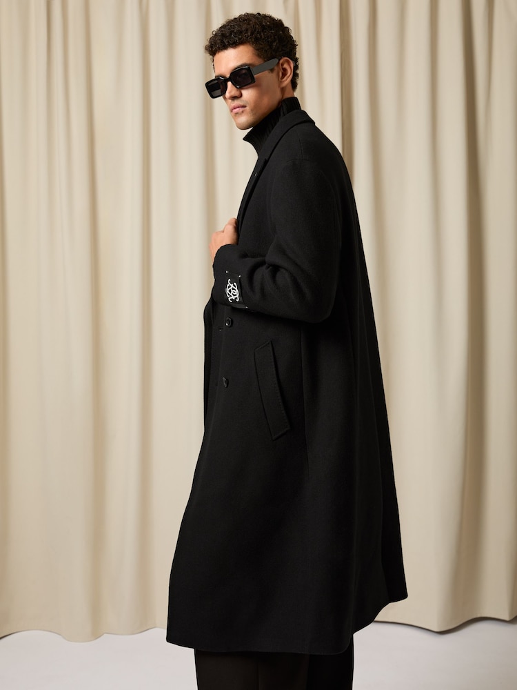 Reiss Black Goodman Monogram Long Double-Breasted Coat Wool-Blend - Image 1 of 9 Reiss Black Goodman Monogram Long Double-Breasted Coat Wool-Blend - Image 1 of 9