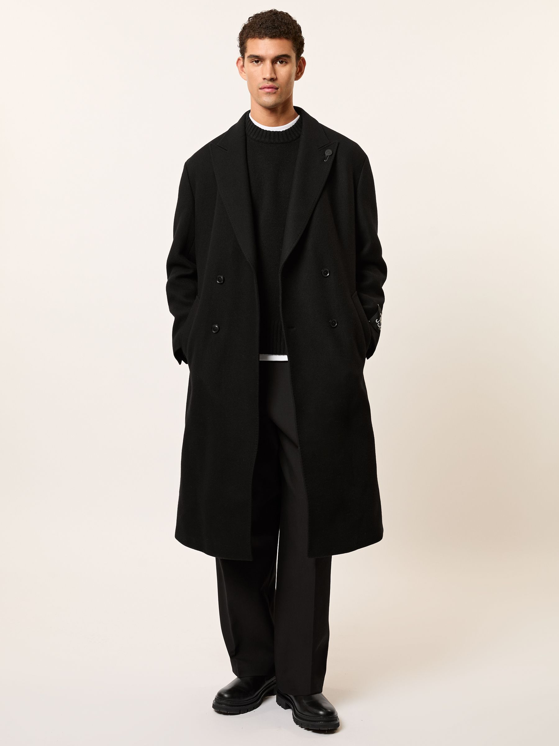 Buy Reiss Black Goodman Monogram Double-Breasted Relaxed Coat Wool