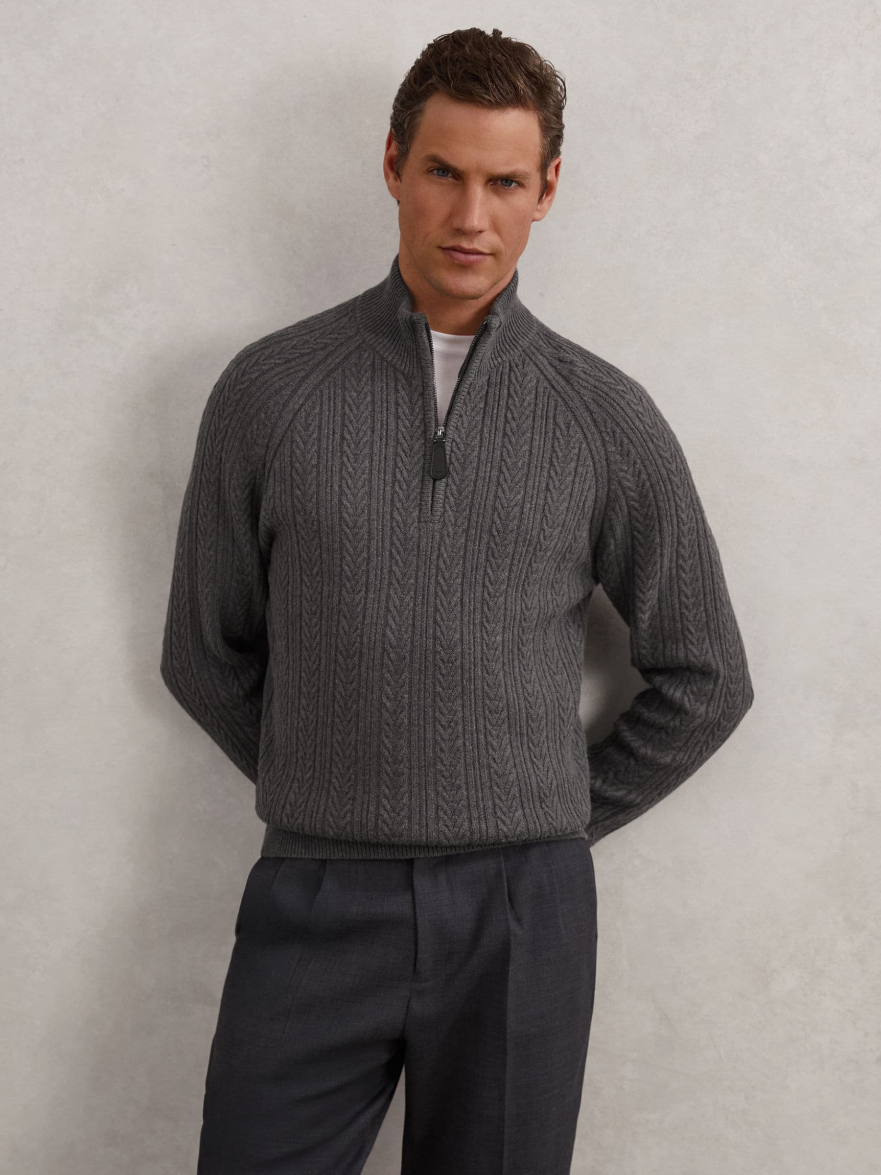 Buy Reiss Mid Grey Melange Loxley Cable-Knit Half-Zip Jumper with