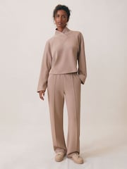 Reiss Taupe Neutral Jemma Modal-Blend Interlock Wide-Leg Joggers - Image 1 of 6