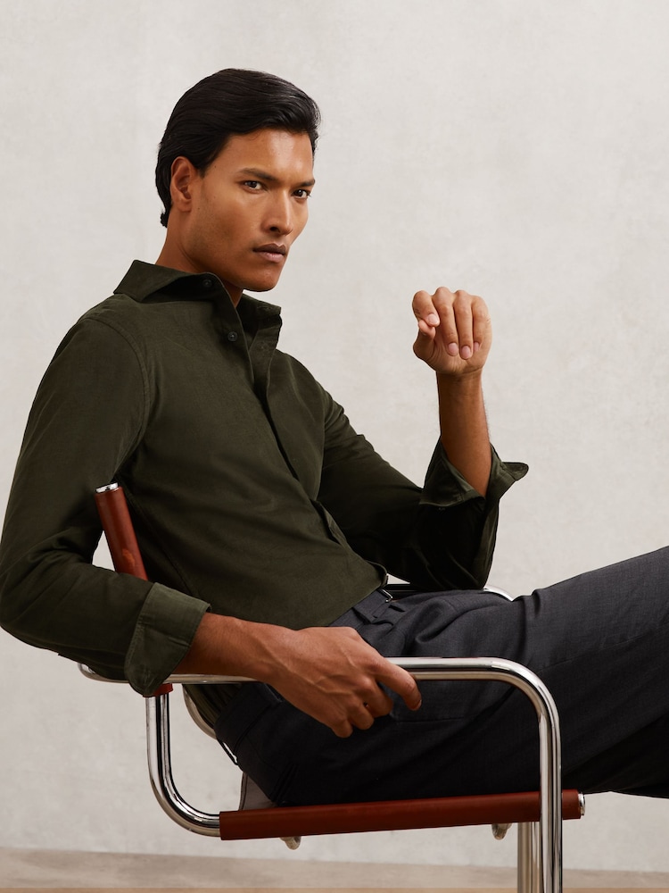 Reiss Dark Green Velma Cotton Corduroy Cutaway-Collar Shirt - Image 1 of 7 Reiss Dark Green Velma Cotton Corduroy Cutaway-Collar Shirt - Image 1 of 7