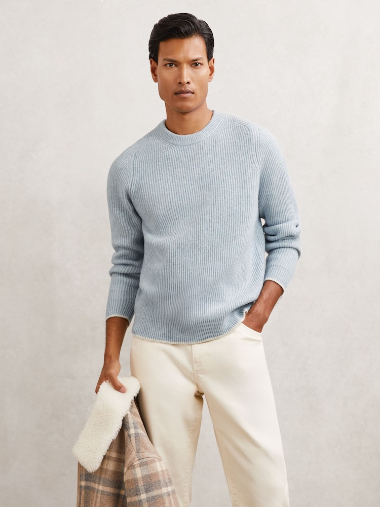 Reiss Soft Blue Crammond Brushed Rib-Knit Crew-Neck Jumper with Wool - Image 1 of 6 Reiss Soft Blue Crammond Brushed Rib-Knit Crew-Neck Jumper with Wool - Image 1 of 6