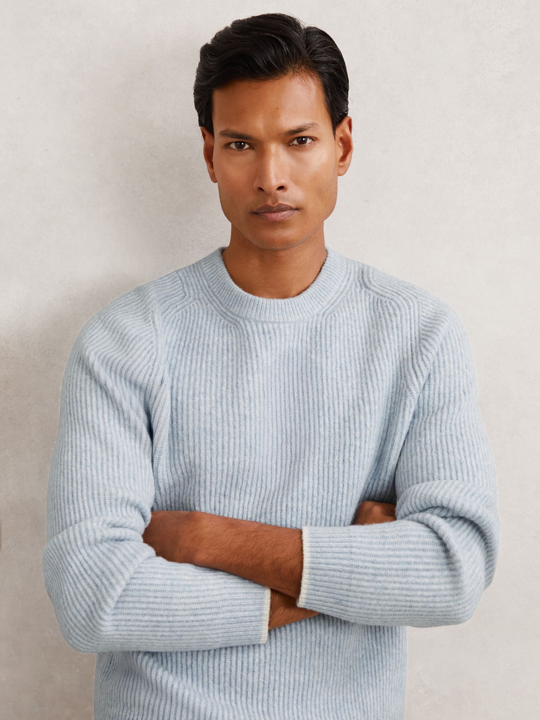 Buy Reiss Soft Blue Crammond Brushed Rib-Knit Crew-Neck Jumper