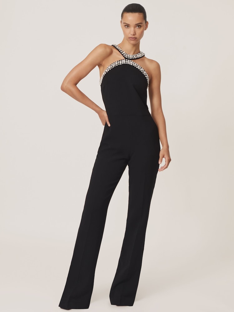 Reiss Black Simone Crystal-Embellished Cut-Out Jumpsuit - Image 1 of 6