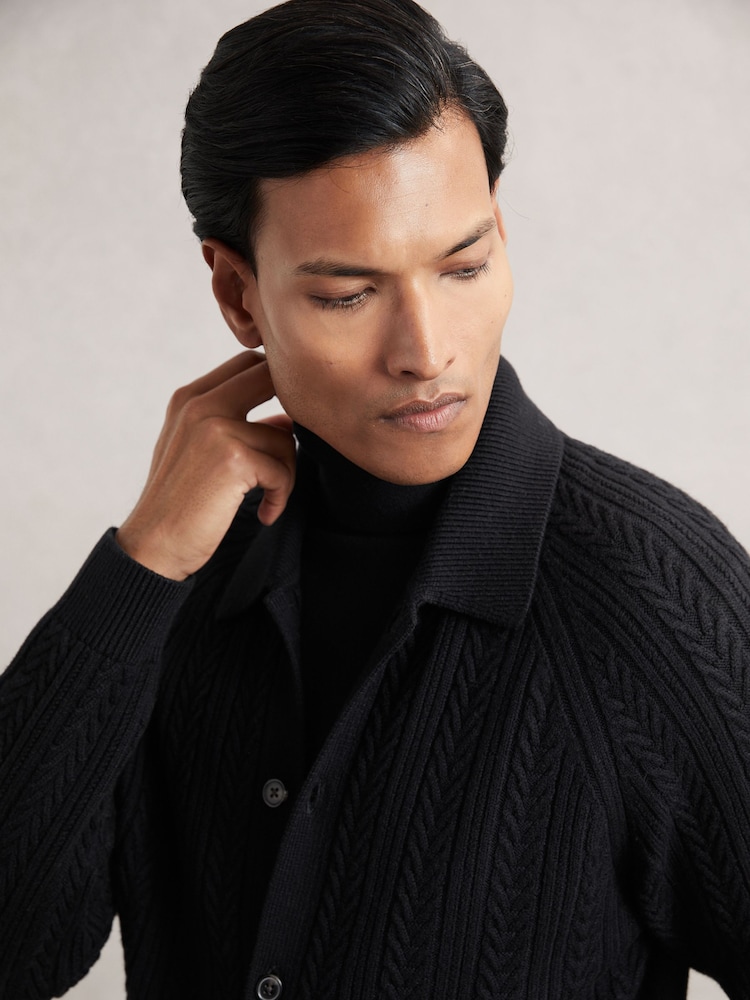 Reiss Black Martley Cable-Knit Cardigan With Wool - Image 1 of 7