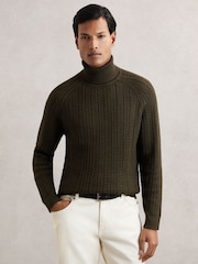 Reiss Dark Olive Green Dartford Cable-Knit Roll-Neck Jumper With Wool - Image 1 of 6