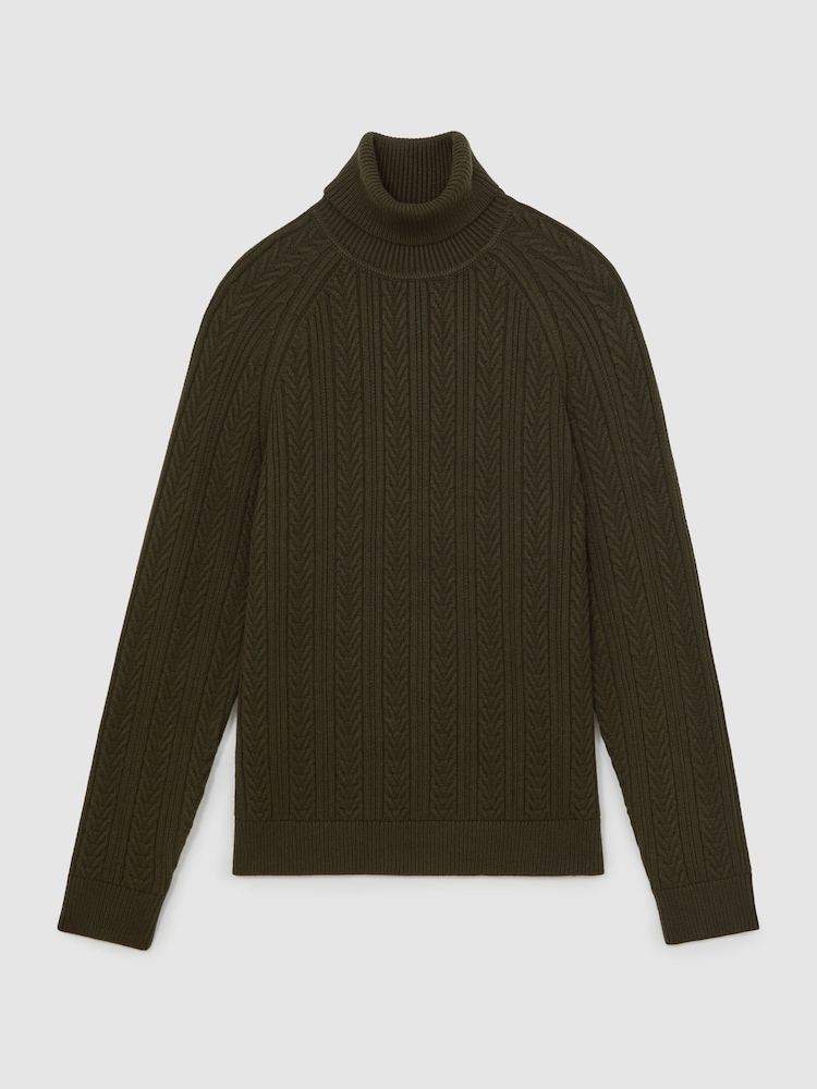 Reiss Dark Olive Green Dartford Cable-Knit Roll-Neck Jumper With Wool - Image 2 of 6