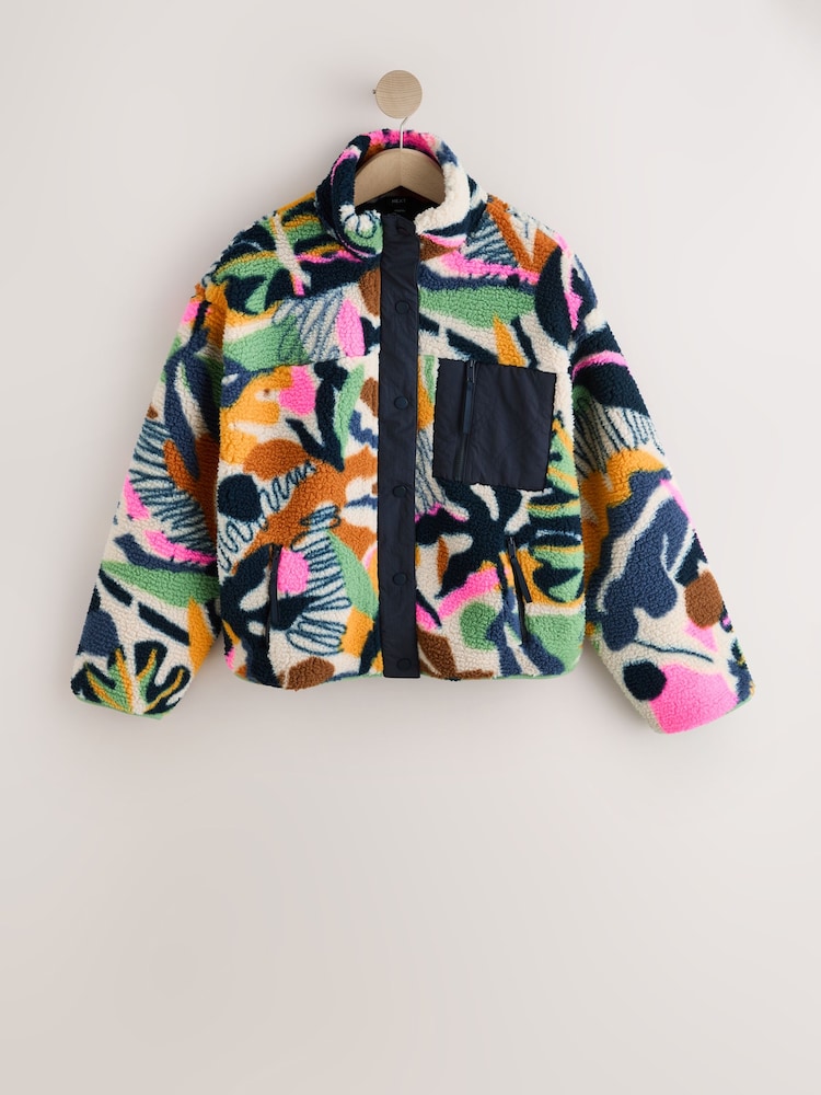 Navy Multi Graphic Floral Button Through Borg Jacket - Image 2 of 4