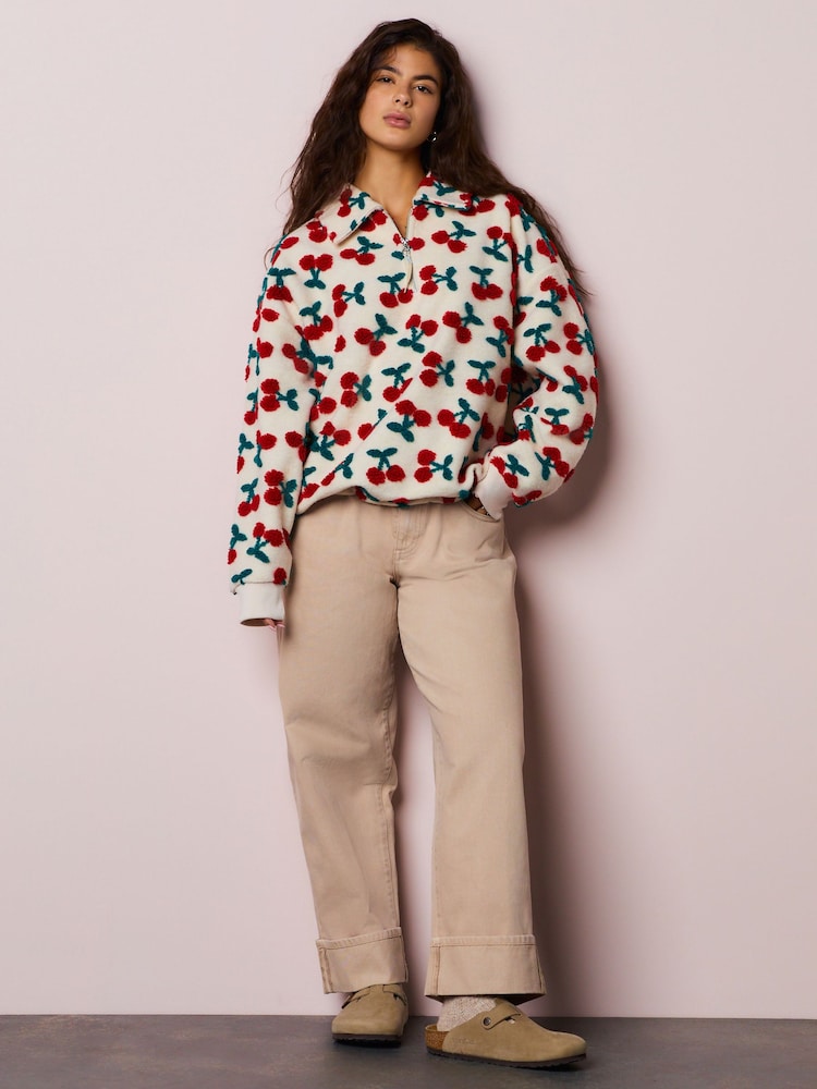 Red Ecru White Borg Cherry Graphic Zip Neck Fleece - Image 2 of 9