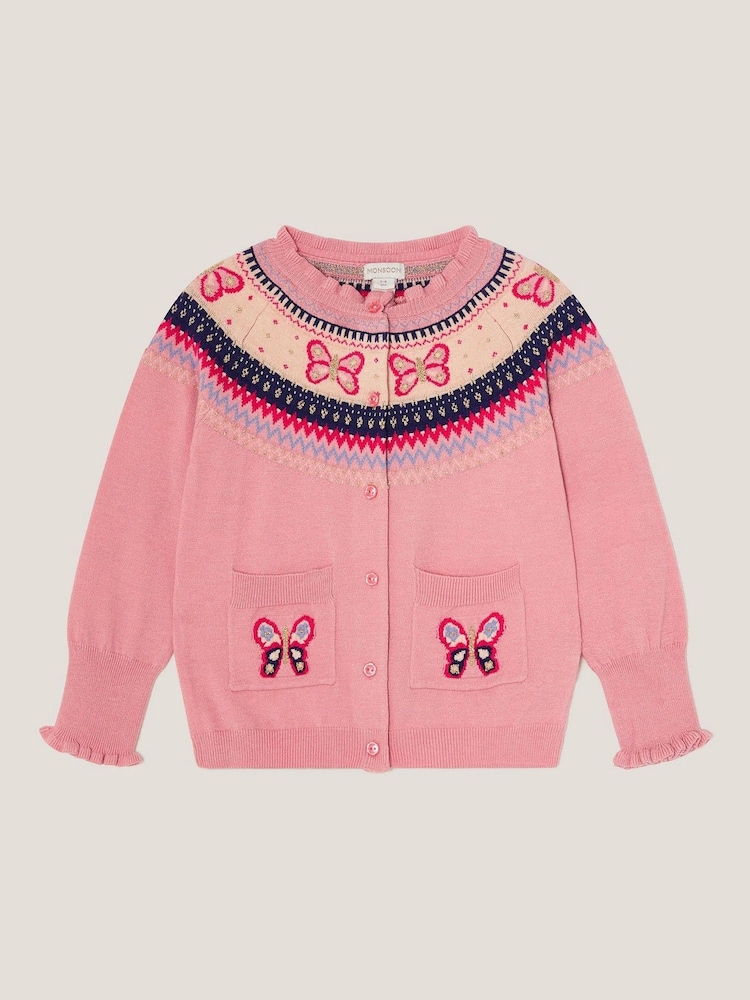 Monsoon Pink Butterfly Fair Isle Cardigan - Image 1 of 3