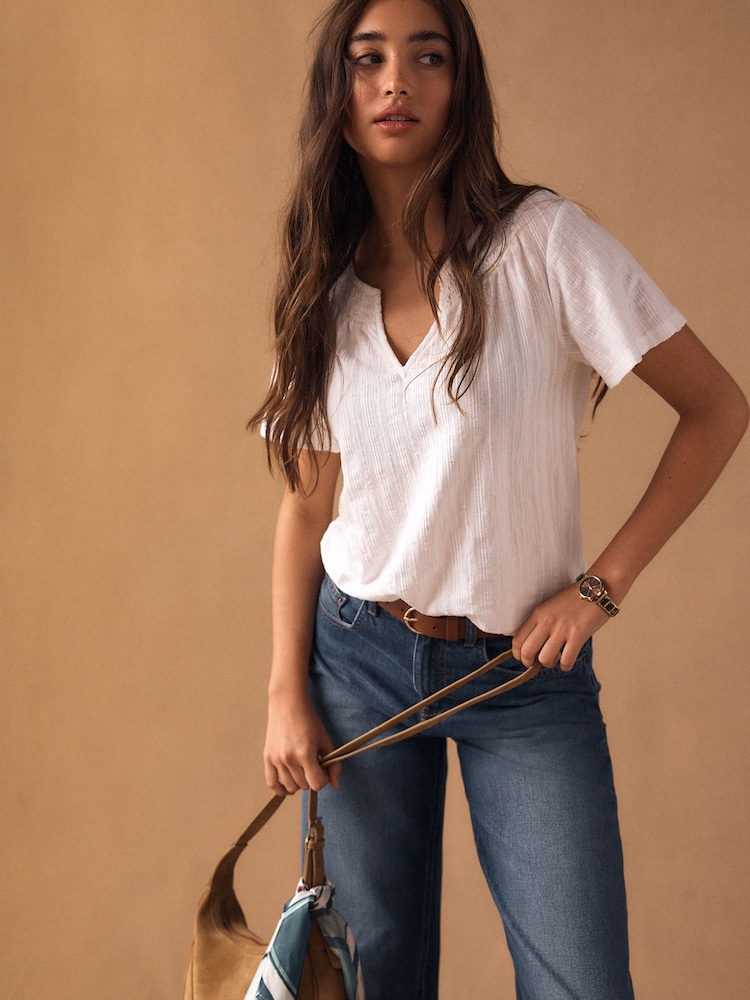 White Short Sleeve Notch Neck Shirred Bubblehem Top - Image 1 of 8