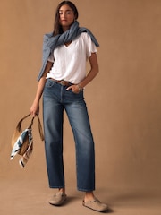 White Short Sleeve Notch Neck Shirred Bubblehem Top - Image 3 of 8