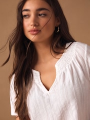 White Short Sleeve Notch Neck Shirred Bubblehem Top - Image 5 of 8