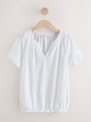 White Short Sleeve Notch Neck Shirred Bubblehem Top - Image 6 of 8