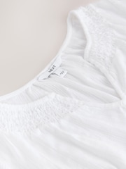 White Short Sleeve Notch Neck Shirred Bubblehem Top - Image 7 of 8