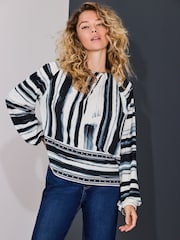 Blue/Ecru Stripe Twist Neck Long Sleeve Blouse - Image 1 of 7