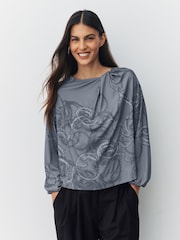 Grey Rope Print Twist Neck Long Sleeve Blouse - Image 1 of 7