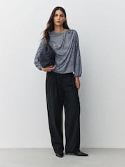 Grey Rope Print Twist Neck Long Sleeve Blouse - Image 2 of 7