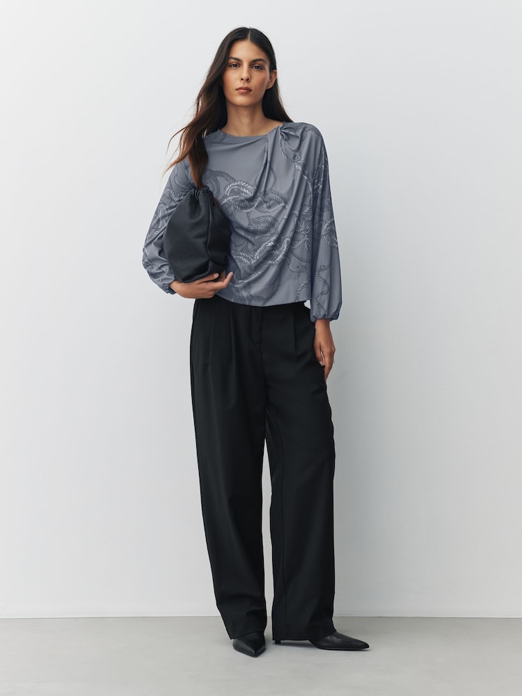 Grey Rope Print Twist Neck Long Sleeve Blouse - Image 2 of 7