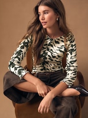 Animal Print Shirred Long Sleeve Slash Neck Top - Image 2 of 7