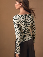 Animal Print Shirred Long Sleeve Slash Neck Top - Image 3 of 7