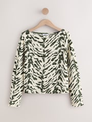 Animal Print Shirred Long Sleeve Slash Neck Top - Image 5 of 7