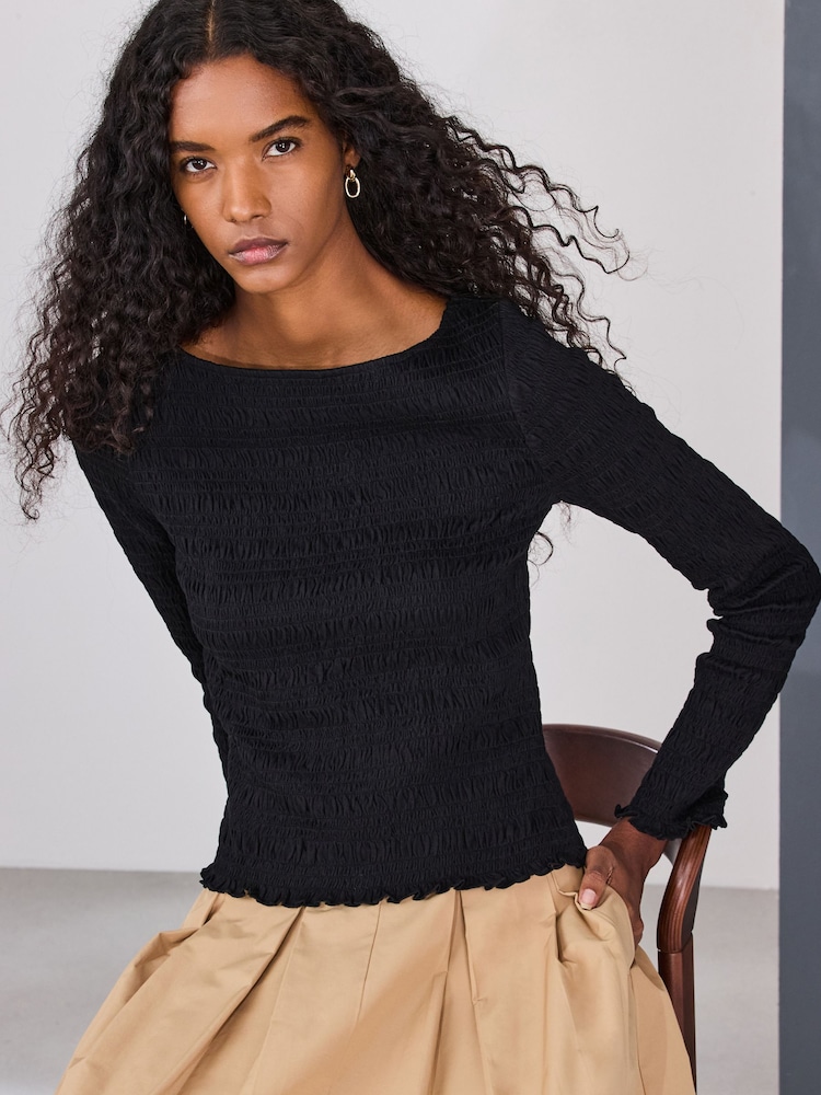 Zwart - Shirred Long Sleeve Slash Neck Top - Afbeelding 1 van 8