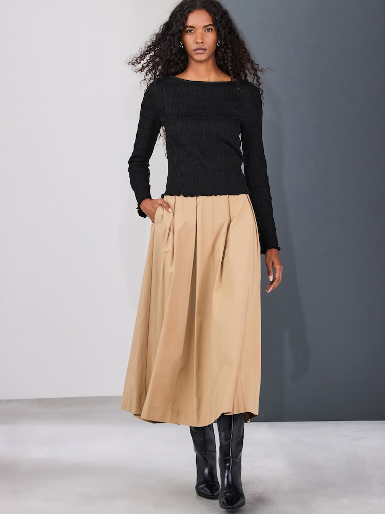 Zwart - Shirred Long Sleeve Slash Neck Top - Afbeelding 2 van 8