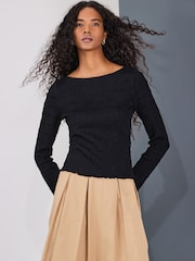 Zwart - Shirred Long Sleeve Slash Neck Top - Afbeelding 3 van 8