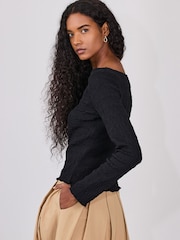 Zwart - Shirred Long Sleeve Slash Neck Top - Afbeelding 4 van 8