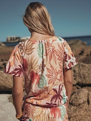Pink Palm Print Short Sleeve Notch Neck Shirred Bubblehem Top - Image 3 of 8