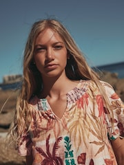 Pink Palm Print Short Sleeve Notch Neck Shirred Bubblehem Top - Image 5 of 8