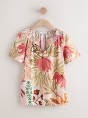 Pink Palm Print Short Sleeve Notch Neck Shirred Bubblehem Top - Image 6 of 8