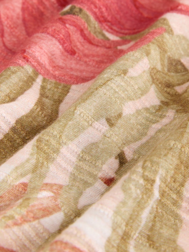 Pink Palm Print Short Sleeve Notch Neck Shirred Bubblehem Top - Image 8 of 8 Pink Palm Print Short Sleeve Notch Neck Shirred Bubblehem Top - Image 8 of 8