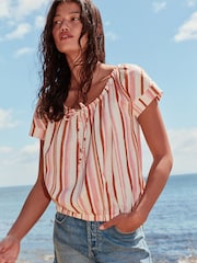 Roze/rood gestreept - Short Sleeve Bubblehem Scoop Neck T-Shirt - Afbeelding 1 van 8