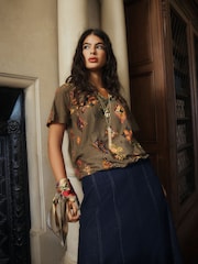 Imprimé Khaki - Haut à manches courtes à col cranté et ourlet boule froncé - Image 2 sur 4