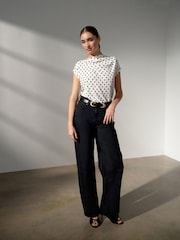 Black/Ecru Polka Dot Asymmetric Pleated Drape Short Sleeve Top - Image 2 of 4