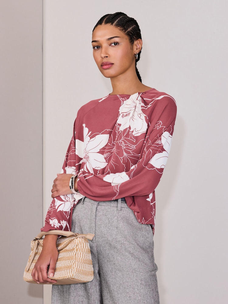 Rose à Imprimé Fleuri - Chemisier manches longues à col torsadé - Image 1 sur 7