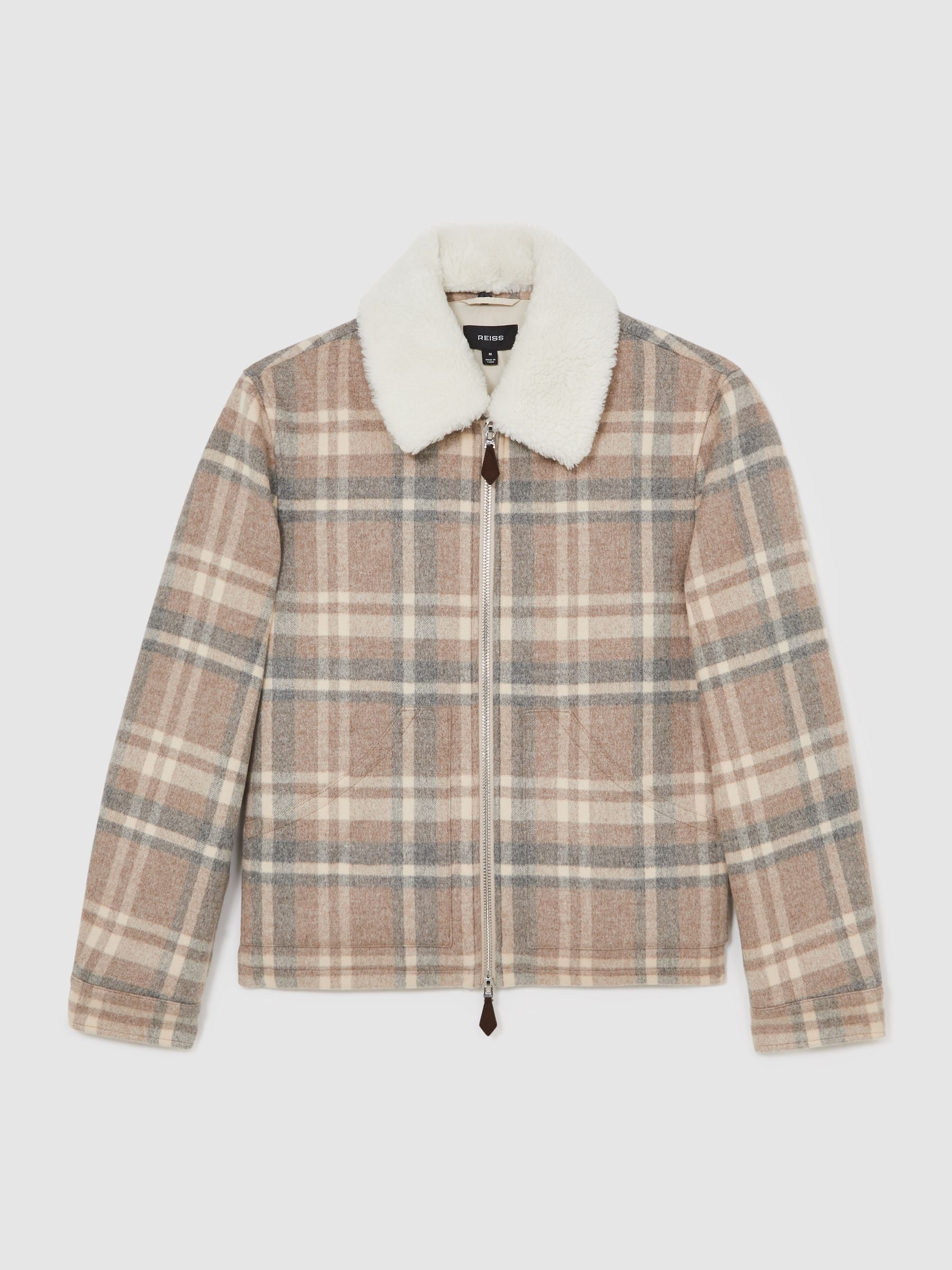 Buy Reiss Oatmeal Brown Chander Wool-Blend Check Fleece-Collar