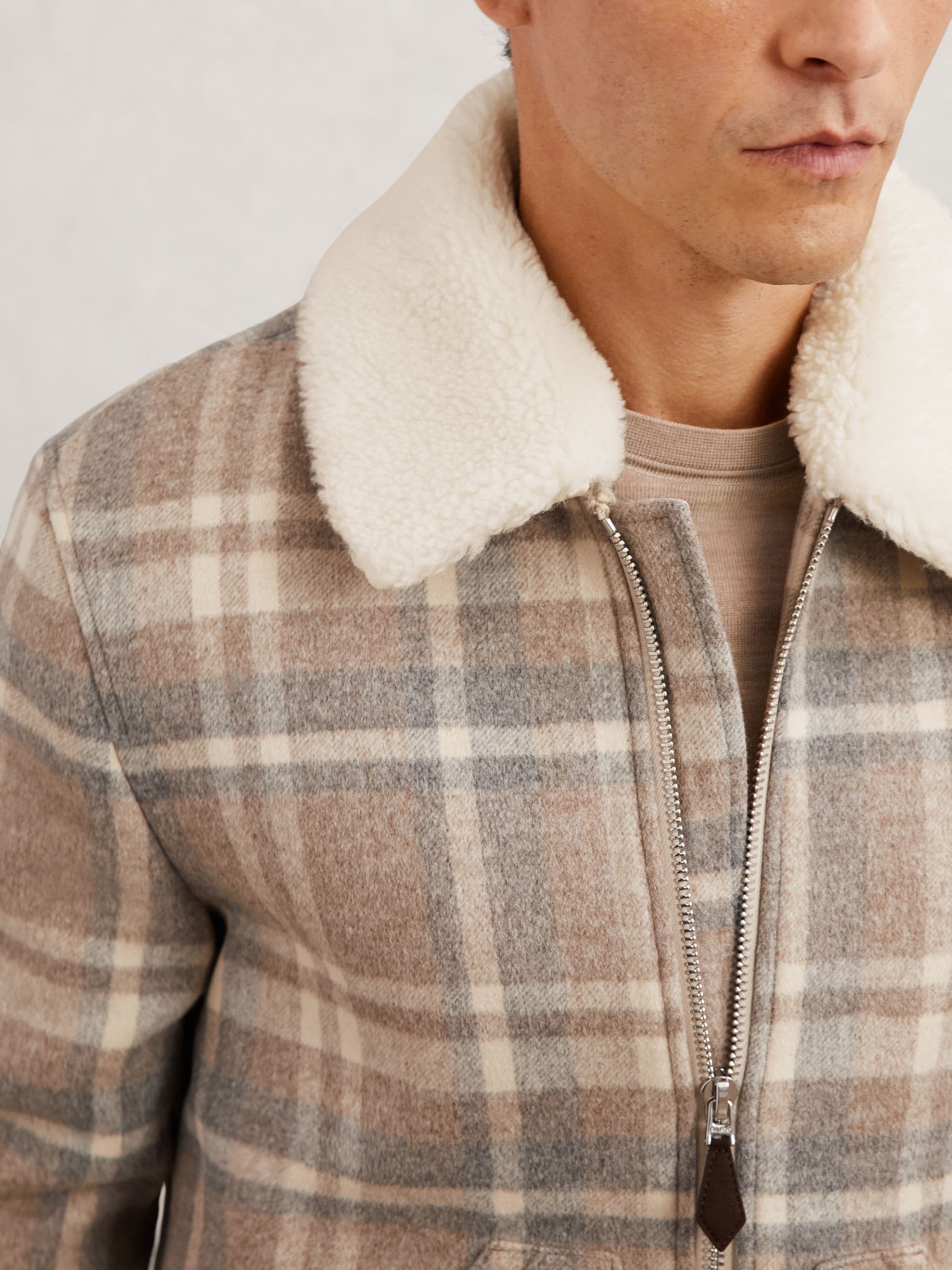 Buy Reiss Oatmeal Brown Chander Wool-Blend Check Fleece-Collar