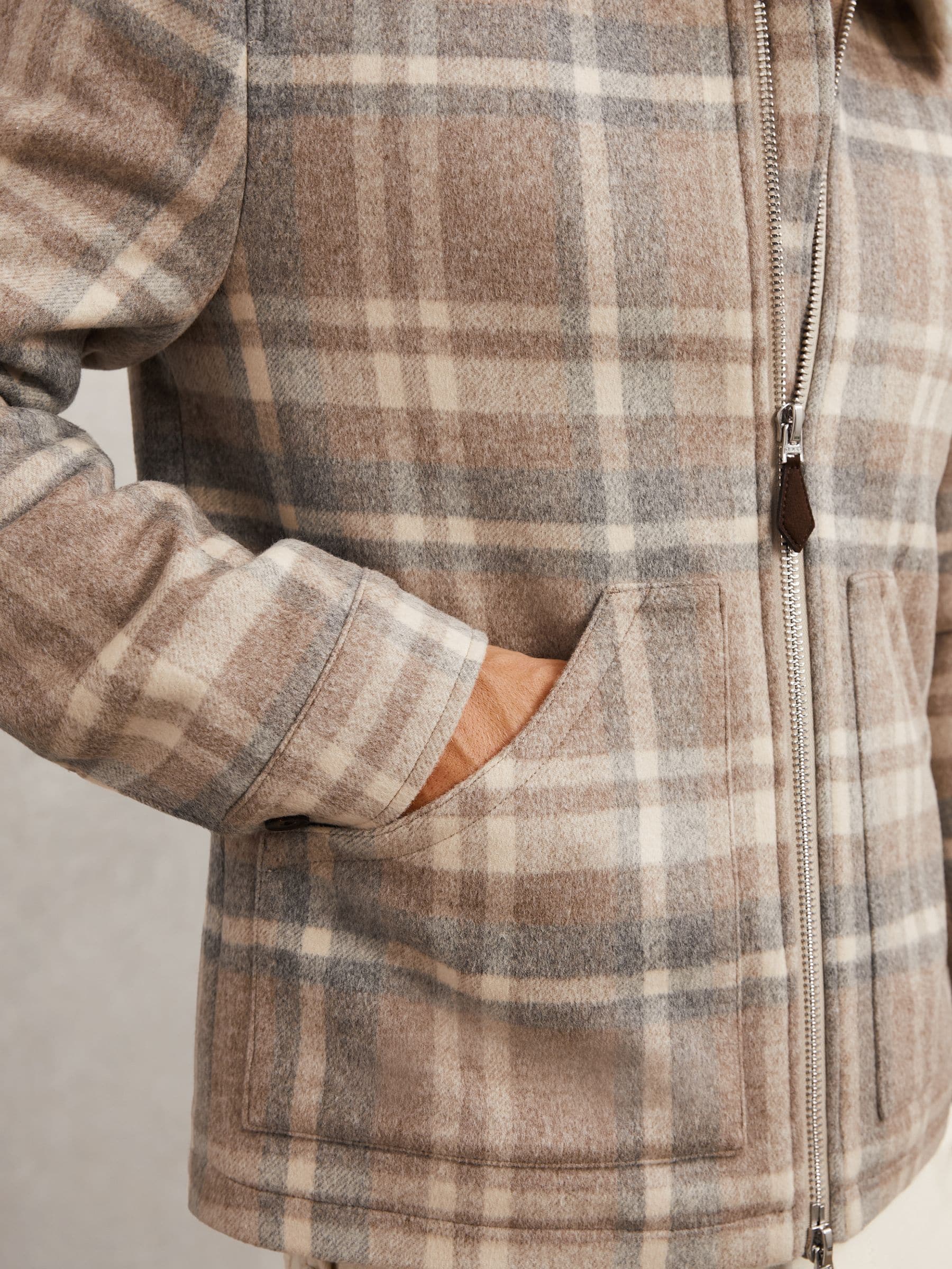 Buy Reiss Oatmeal Brown Chander Wool-Blend Check Fleece-Collar