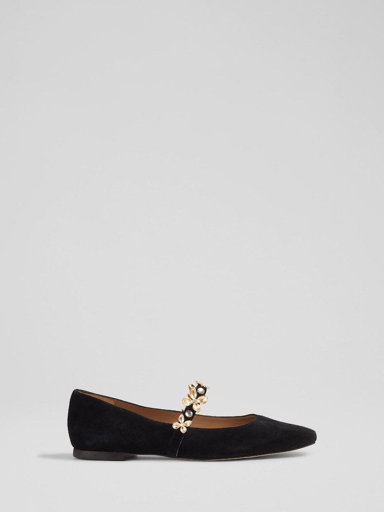 LK Bennett Black Flower Trim Design Flats - Image 1 of 4